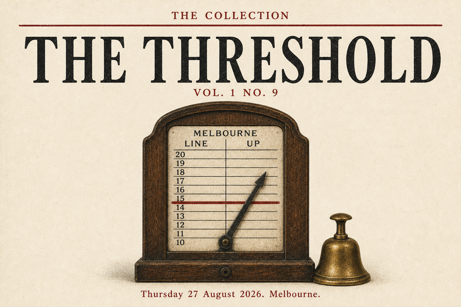 The Collection, Volume 1, Number 9. The Threshold. Thursday 27 August 2026, Melbourne. A wooden kiosk gauge with the red line already crossed, a brass bell unused.