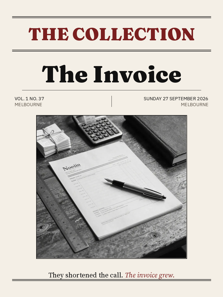 Cover of The Collection, Volume 1, Number 37: The Invoice. Sunday 27 September 2026, Melbourne.