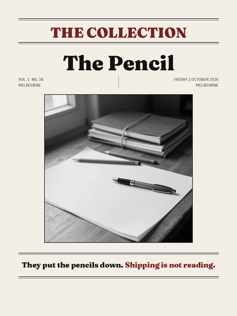 Cover of The Collection, Volume 1, Number 38: The Pencil. Friday 2 October 2026, Melbourne.