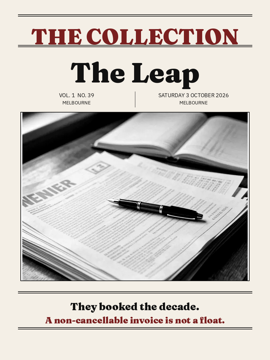 Cover of The Collection, Volume 1, Number 39: The Leap. Saturday 3 October 2026, Melbourne.