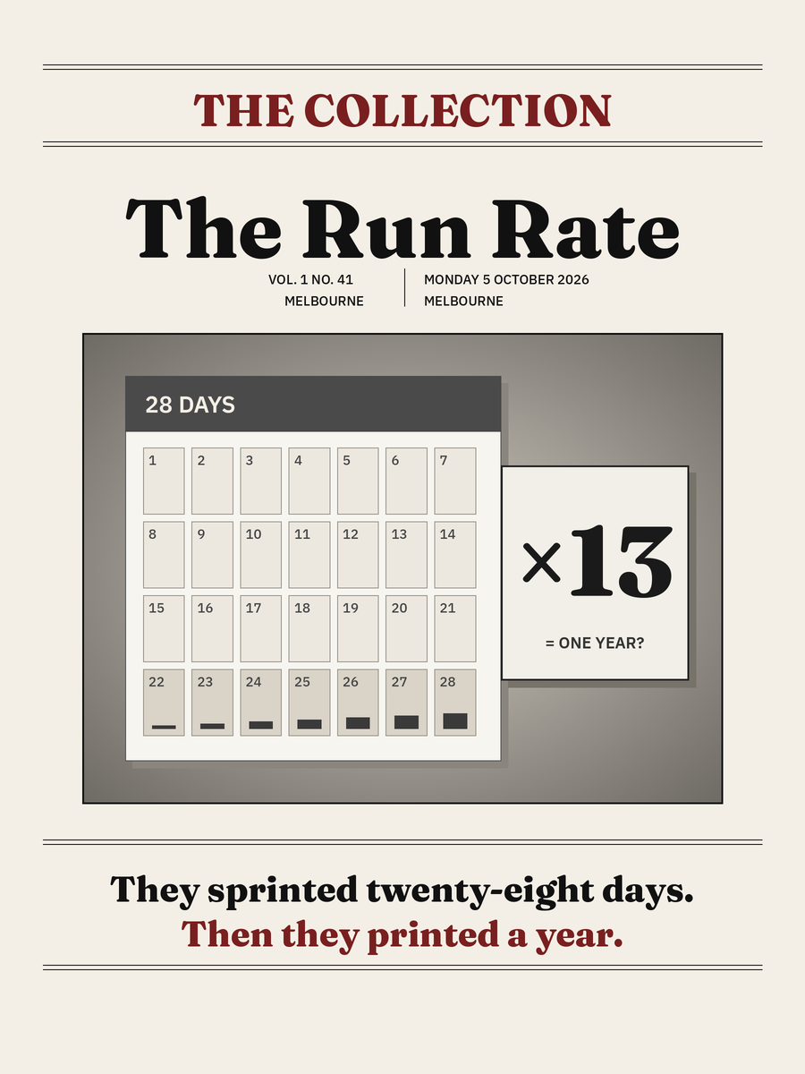Cover of The Collection, Volume 1, Number 41: The Run Rate. Monday 5 October 2026, Melbourne.